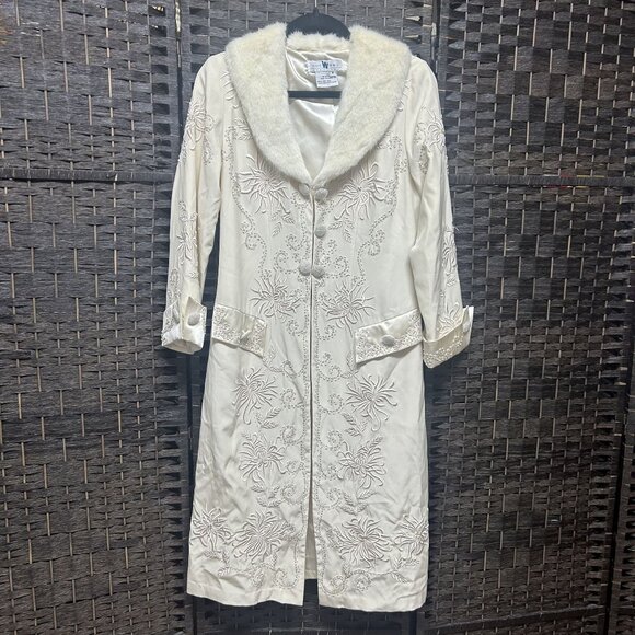 Sue Wong vintage midi length silk embroidered beads off white coat jacket size 8 - Picture 1 of 10